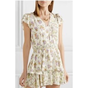 Alice + Olivia Mariska White Smocked Floral Flutter Sleeve Ruffled Romper SZ 4